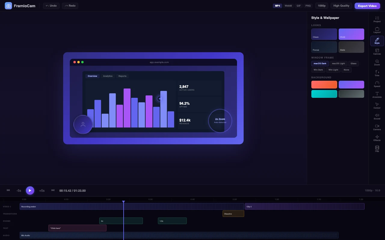 FramioCam video editor showing a recording preview, multi-lane timeline, zoom regions and style controls