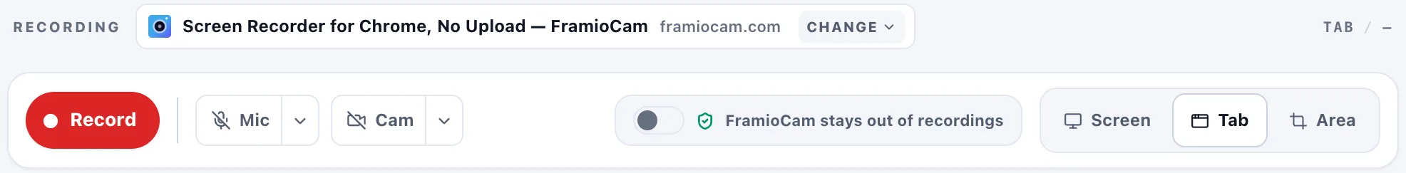 FramioCam recorder controls with Tab selected beside Screen and Area, plus Record, microphone and camera controls