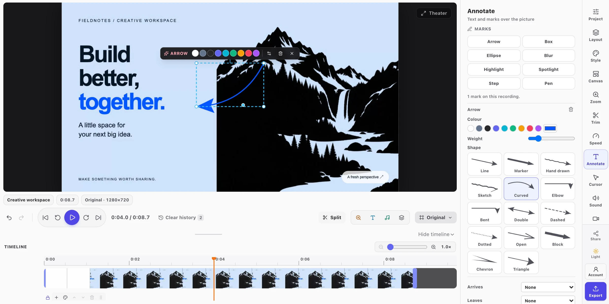 The real FramioCam Chrome extension Studio with a video timeline and annotation tools.