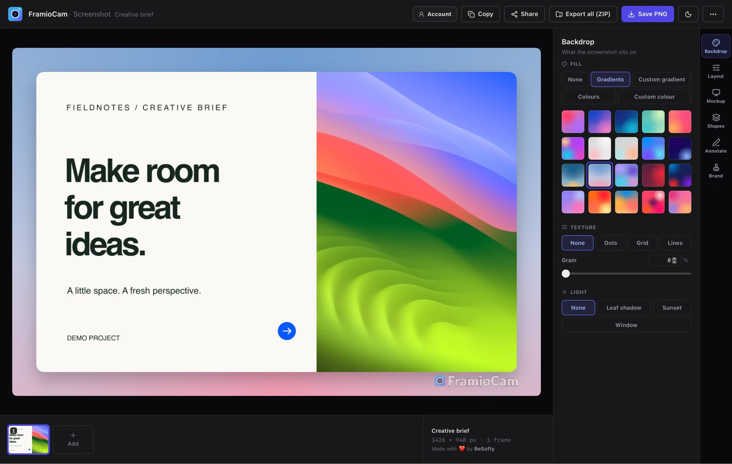 The actual FramioCam for Mac screenshot studio in dark mode, with the Gradients tab open.